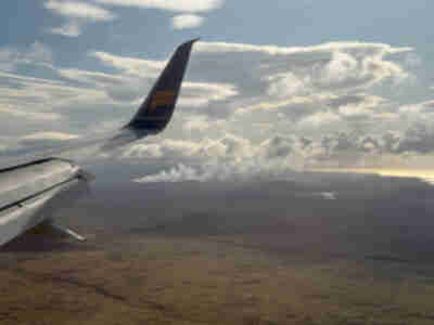 The actively erupting volcano from Sundhnúkagígar Crater Row as we landed in Iceland