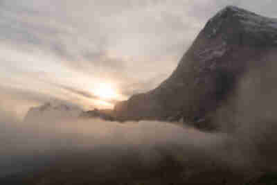 Foggy sunrise over the Eiger and Wetterhorn