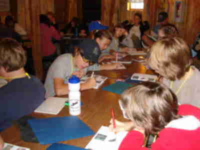Listening to bird songs and writing notes on what they sound like.
