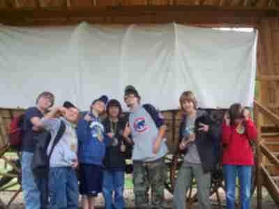 The boys near the covered wagon