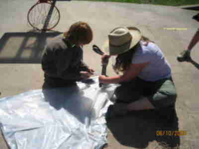 Izzy and Lisa seal the edges of the bat/bird wing