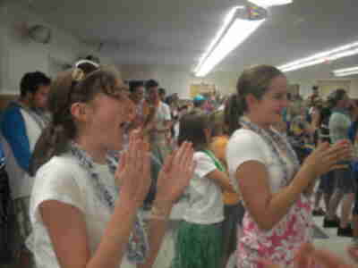Alison and Janie dancing to the Chicken Dance