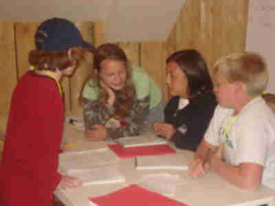 The con elk team conferring about questions to ask