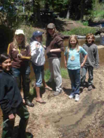 Madeline, Mackenzie, Schafer, Carly, Jessica and Izzy on a small island in the middle of Bear Creek